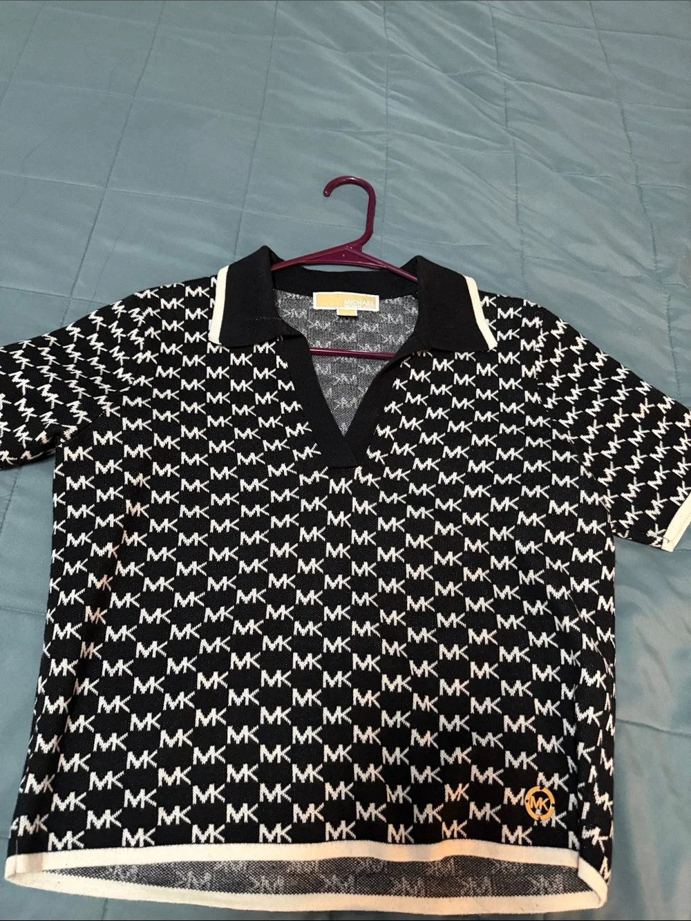 Michael Kors Black & White All-Over MK Logo Polo